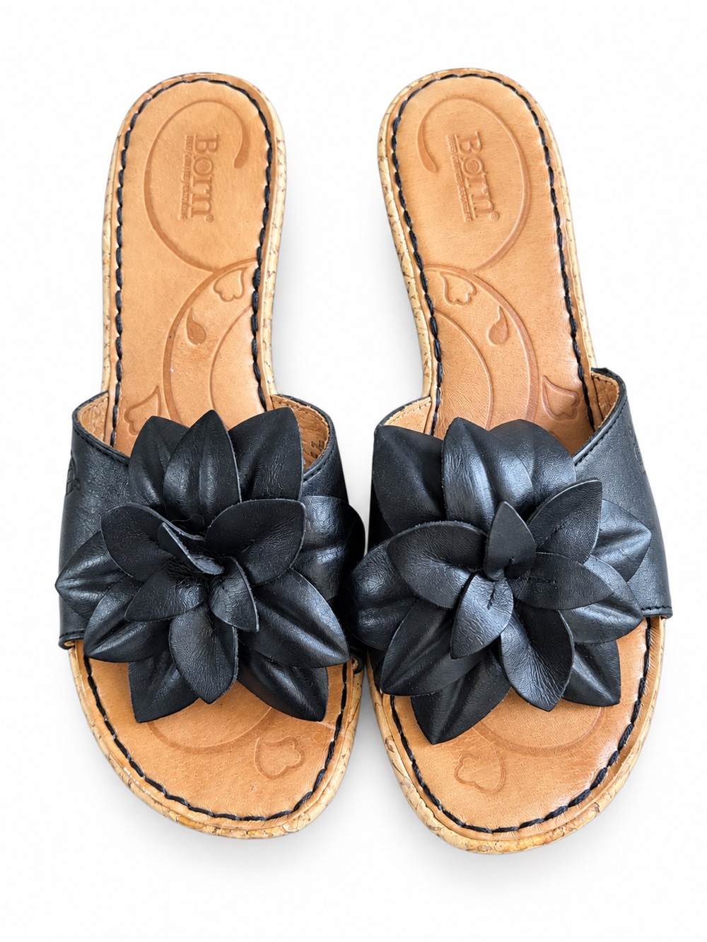 Børn Black Leather Floral Low Wedge Slide Sandals Women’s 10